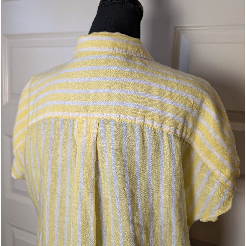 Talbots Size L Petite Blouse 100% Linen Front Tie Waist Yellow Striped Coastal - Picture 5 of 9